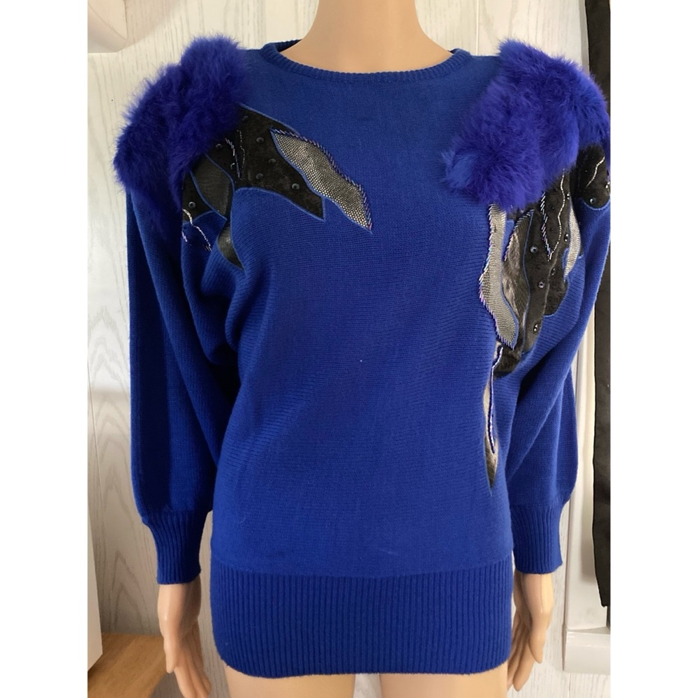 VINTAGE PRISCILLA Embellished Beaded Sequins Fancy Faux Fur Knit Sweater S/M
